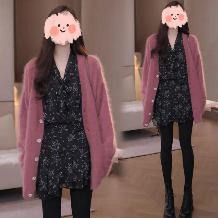 2025秋季新款知性风甜美减龄时尚套装女慵懒开衫碎花连衣裙两件套