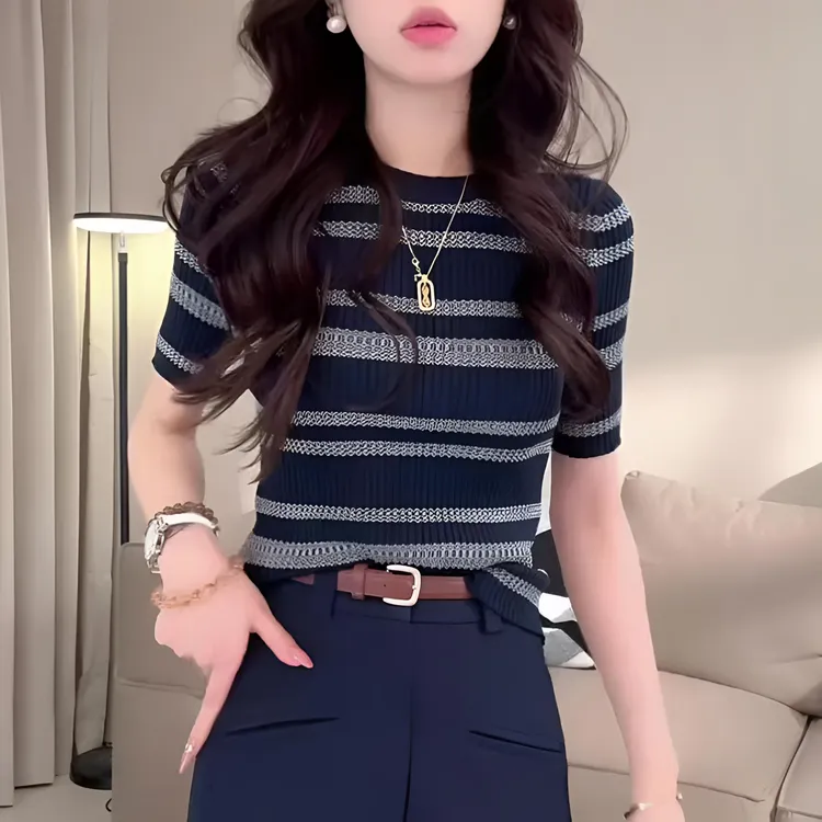 2025夏季新款条纹薄款圆领针织衫女短袖T恤休闲弹力百搭洋气上衣