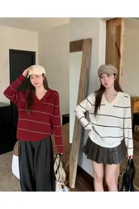 翻领条纹长袖打底女2025秋季新款大码胖mm时尚百搭慵懒风气质毛衣