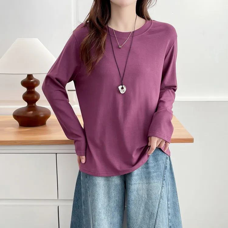 秋季大码200斤圆领纯色长袖t恤女宽松显瘦百搭简约休闲打底衫上衣