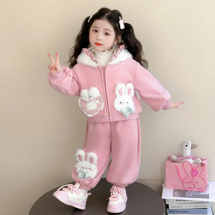 女童加绒套装秋冬季新款儿童超可爱兔耳朵外套洋气宝宝加厚两件套