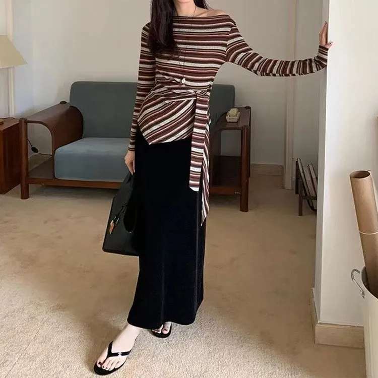 实体档口韩版复古撞色条纹不规则绑带一字肩针织衫女早秋显瘦上衣