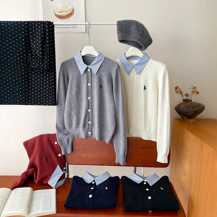 复古条纹衬衫翻领撞色小马刺绣针织开衫女2025春秋百搭休闲上衣潮