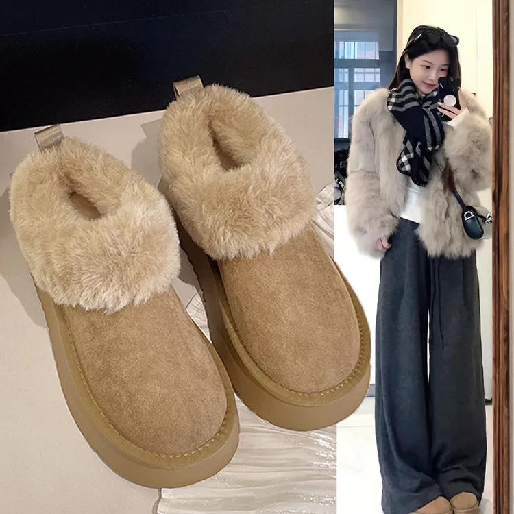 厚底一脚蹬懒人毛毛棉鞋女2025冬季新款巨好看加绒加厚东北雪地靴
