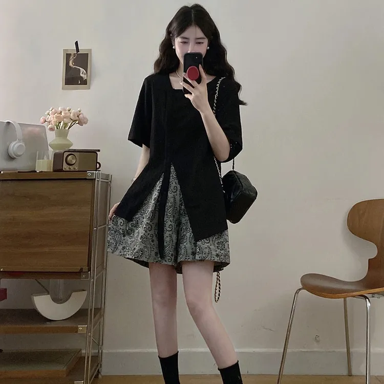 大码2025夏季不规则宽松短袖+腰果花百搭简约休闲短裤两件套