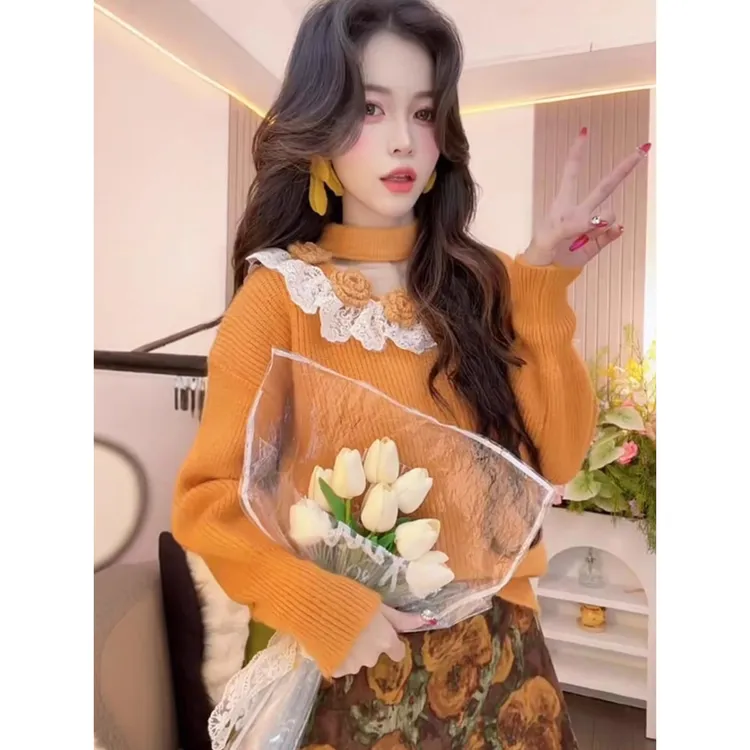 独特好看立体花朵毛衣女2025新款慵懒高级感显瘦针织衫上衣I6-74