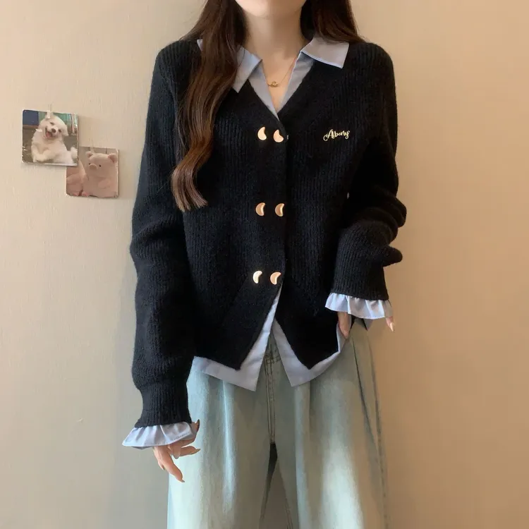 大码胖秋季新款领假两件宽松上衣设计感刺绣开衫毛衣秋冬外套女