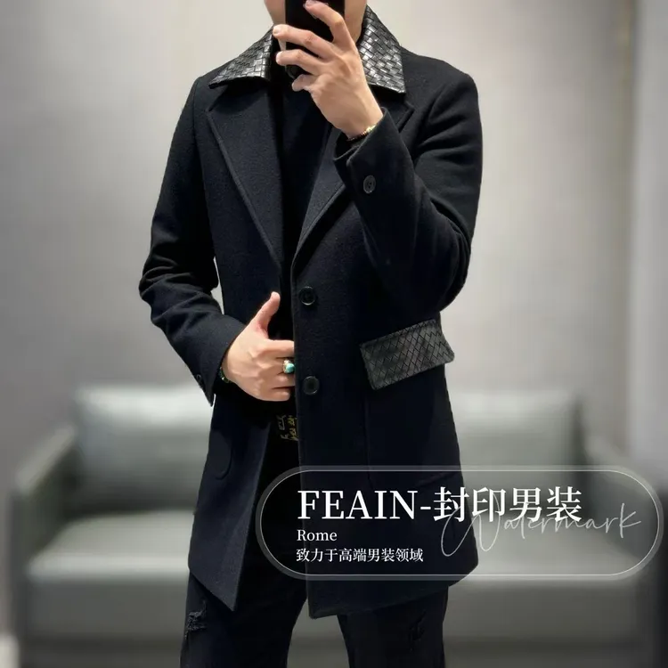 【牛皮编织羊毛】高端定制一手长胎牛皮编织男士羊毛大衣553