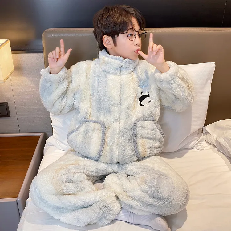 儿童珊瑚绒冬季睡衣新款男童法兰绒加绒加厚男孩6-12岁家居服套装