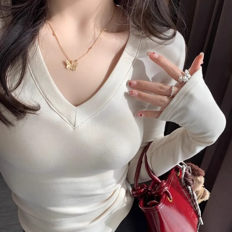 白色V领打底衫女内搭可外穿2025春秋季磨毛长袖修身显瘦低领上衣