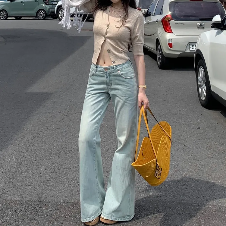美式浅色竹节纹低腰牛仔裤女秋季2025新款宽松直筒阔腿拖地长裤子