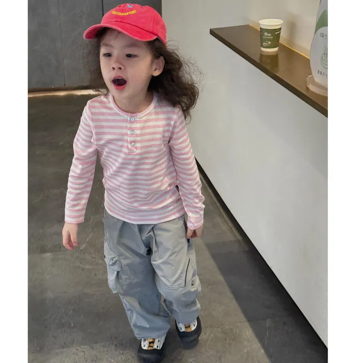 小惜亦2025新款女童春装粉色条纹上衣灰色工装裤小女孩休闲套装