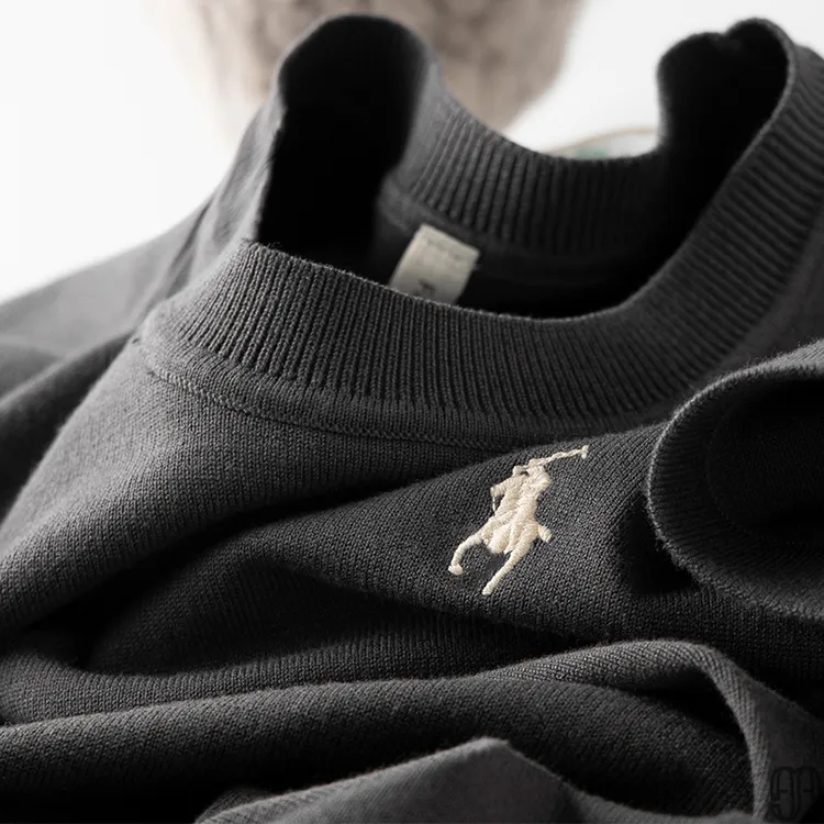 软糯亲肤~高端保暖刺绣短袖毛衣男修身圆领针织半袖男冬季厚