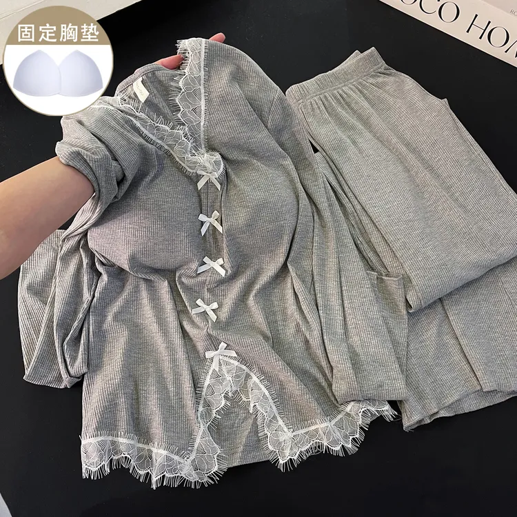 简约纯色睡衣女莫代尔休闲带胸垫长袖长裤蝴蝶结ins风家居服套装