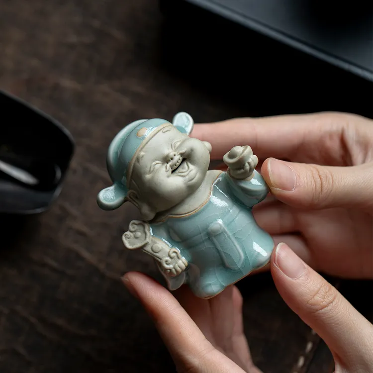 精品汝窑小财神茶宠摆件可养开片茶台茶桌面装饰品小摆设茶玩盖置