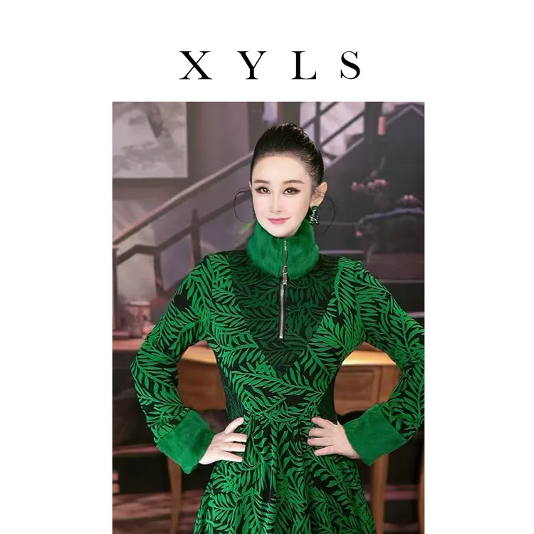 加绒弹力网纱连衣裙秋冬T007072