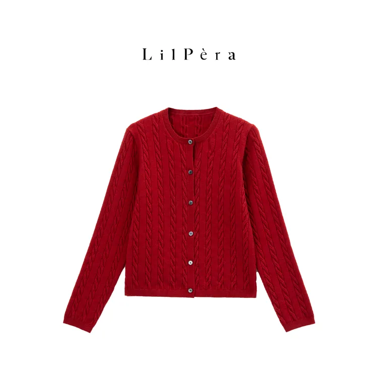 Lilpera胖梨定制 “UNIQ同款”秋季时尚个性红色绞花针织开衫B105