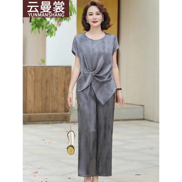 妈妈夏装套装2025新款洋气中老年女装时尚小衫遮肚短袖上衣两件套