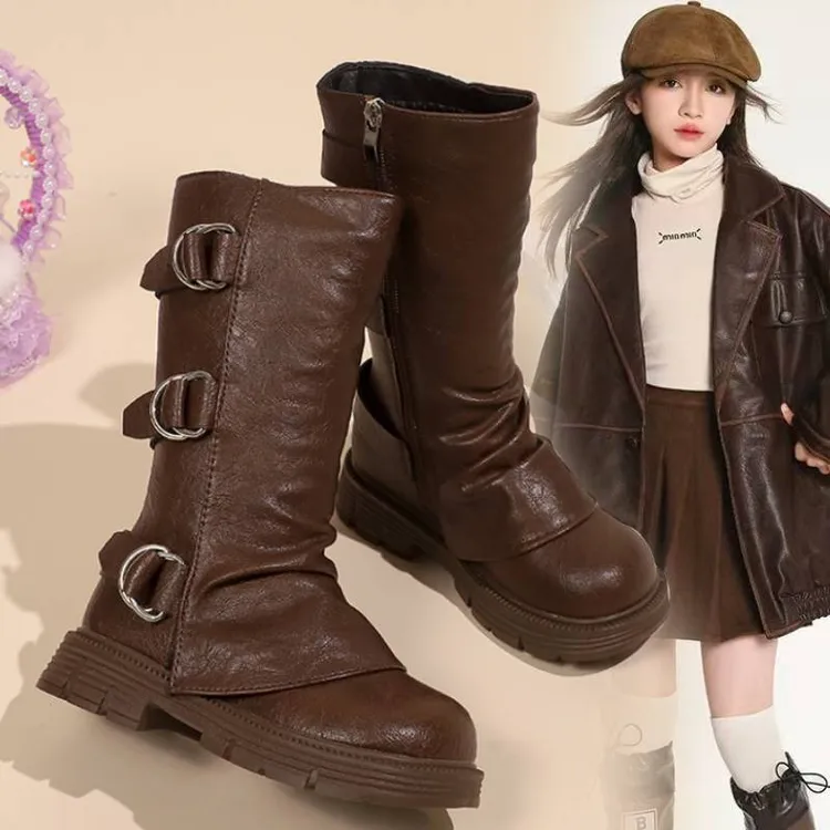 加绒冬季保暖高筒靴女童公主风四季通用时尚圆头超迁皮加绒保暖时