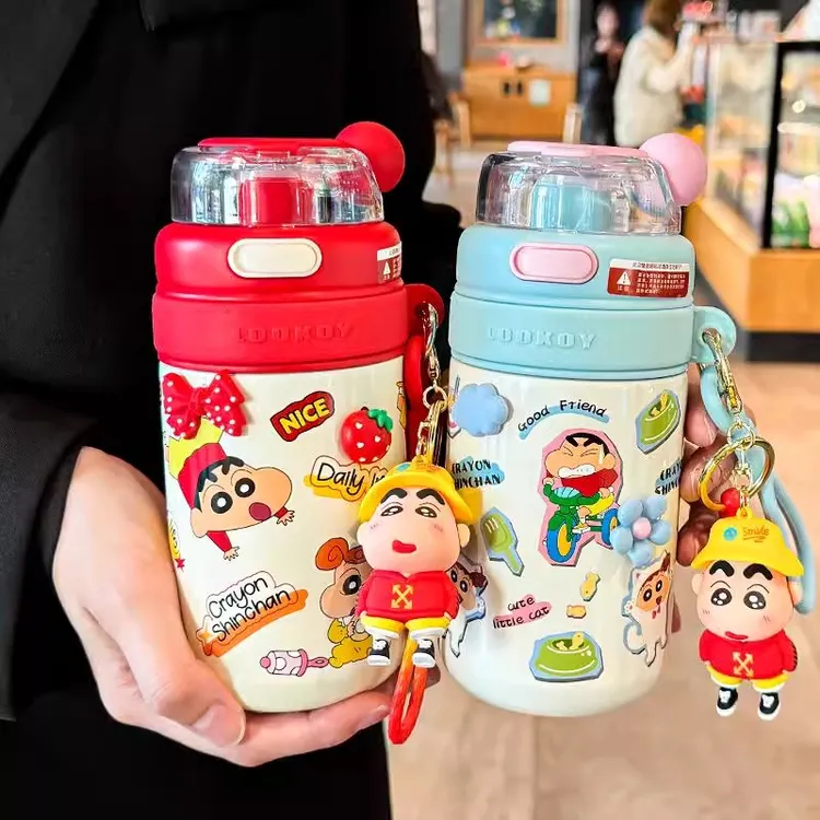蜡笔小新保温杯女生2025新款高颜值双饮水杯可爱学生上学专用杯子
