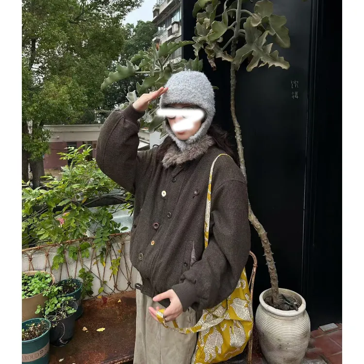 羊毛翻领厚外套女生冬季加绒保暖棉衣美式复古休闲上衣