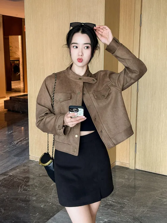 短款麂皮绒外套女春秋新款2025爆款洋气流行小个子高级感夹克上衣