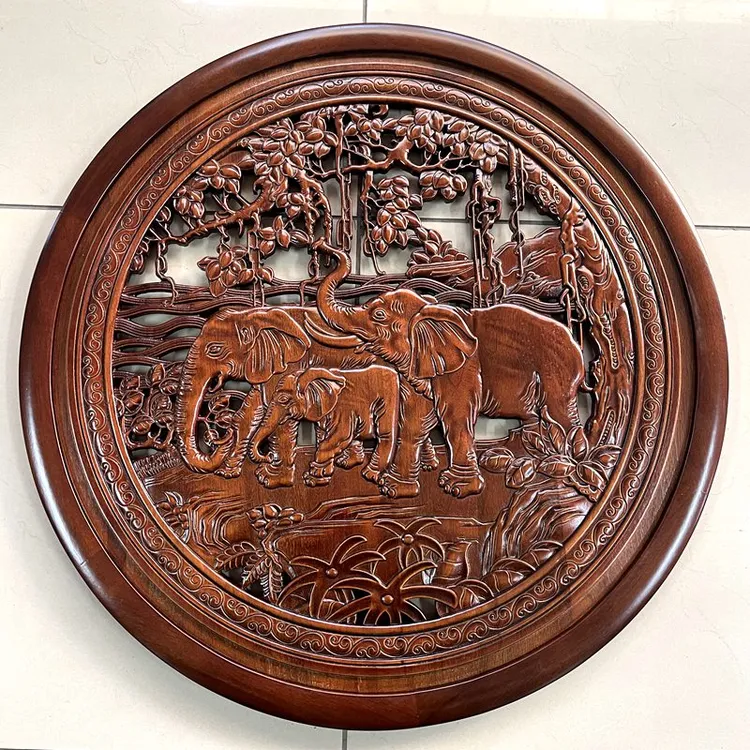 东阳木雕大象挂件吉祥三宝实木香樟木木头母子象木质象圆形新中式