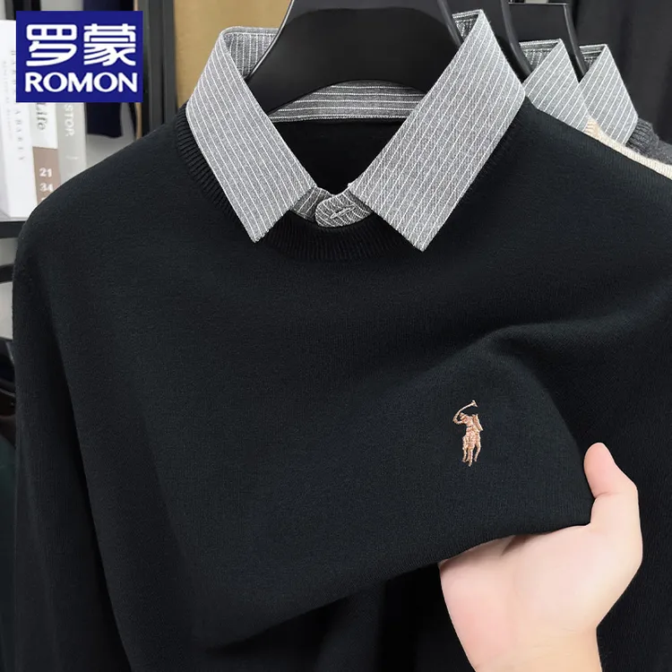 罗蒙秋冬季新款男士假两件毛衣打底衫刺绣高级感含羊毛上衣针织衫