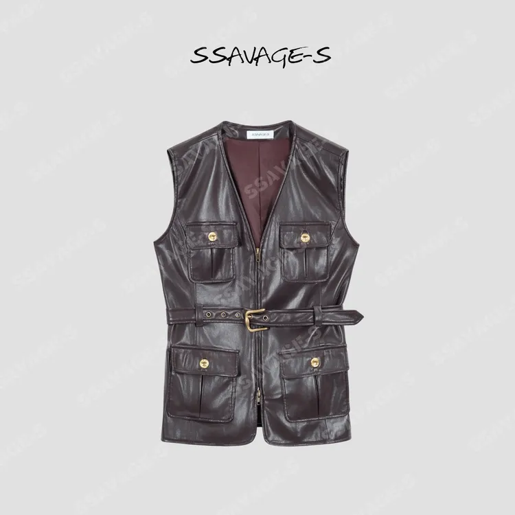 SSAVAGE“摩登日常”复古收腰V领筋骨感皮衣马甲SS90824