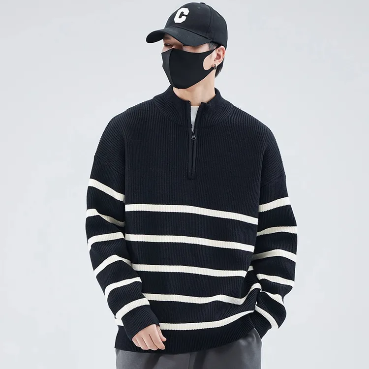 RSRDDY半高领拉链条纹毛衣男秋冬季2025新款宽松套头打底针织衫潮