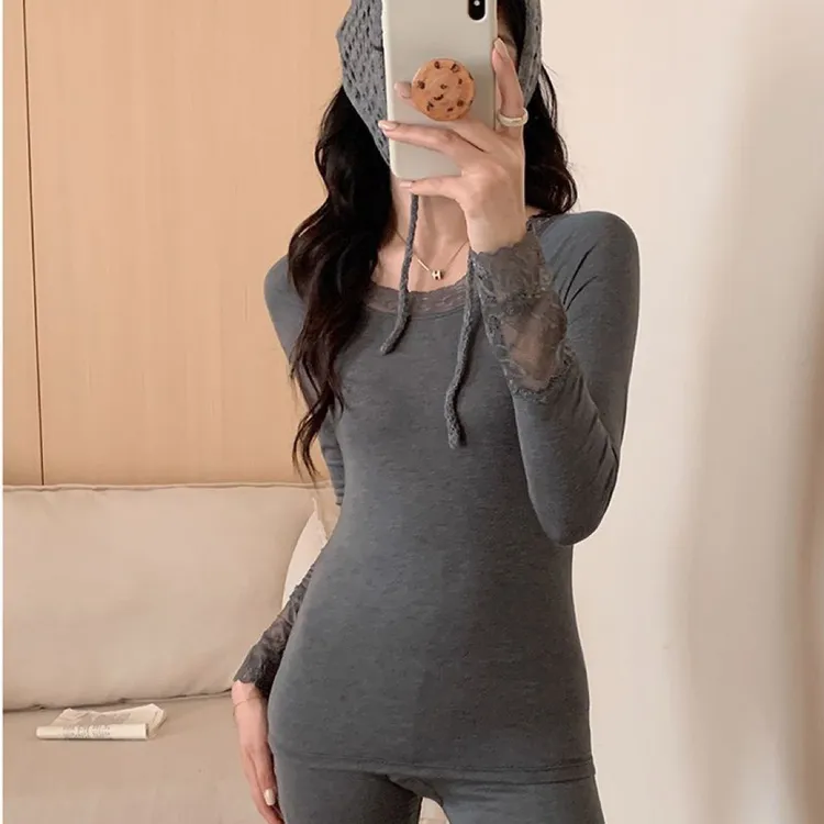 6902圆领蕾丝山茶油润肤保暖秋冬套装女士内搭打底紧身显瘦