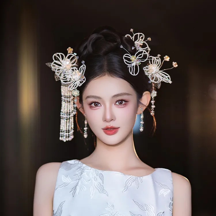 合金婚庆饰品 中式新娘串珠流苏秀禾晨袍结婚灵动浅色系配饰D0593
