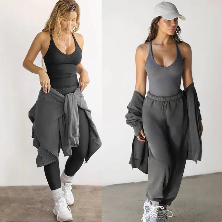 美式辣妹性感深V领工字弹力吊带背心女运动健身显瘦修身内搭上衣