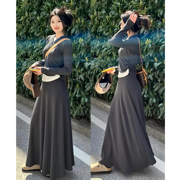 【运费补贴】假两件上衣女半身长裙套装秋季a字慵懒休闲显瘦高级感