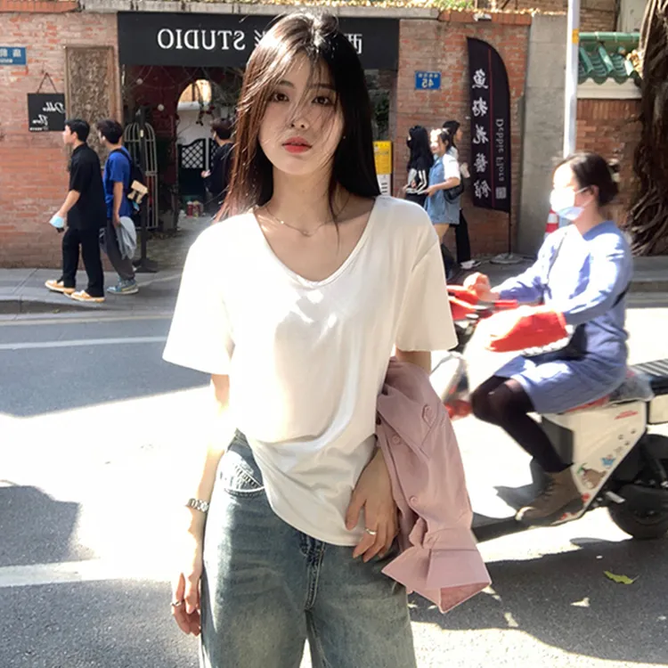 XGLMC夏季短袖白色大v领新款纯色宽松慵懒感弹力t恤女棉T百搭显瘦