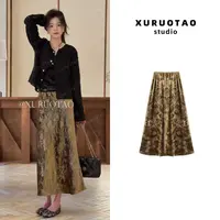 XURUOTAO 【复古派对】桑蚕丝丝绒设计弹力显瘦金绿色半身裙 T5662