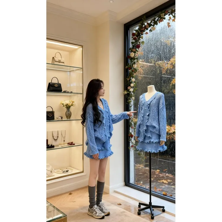 2025早秋新款韩系独特超好看穿搭一整套法式木耳边毛衣半身裙套装
