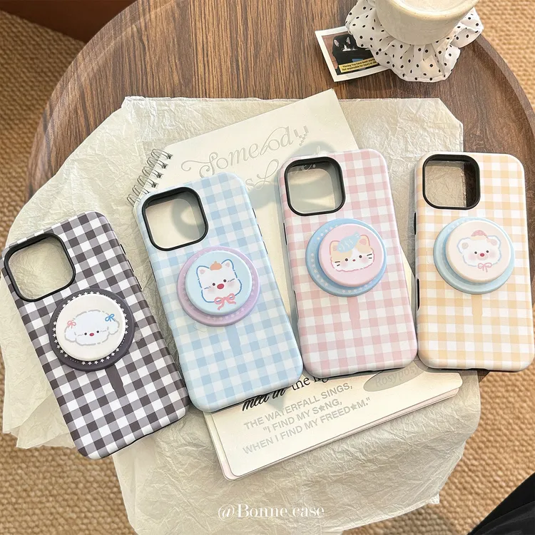 磁吸格纹卡通支架苹果16手机壳iPhone13适用11菲林小动物15promax