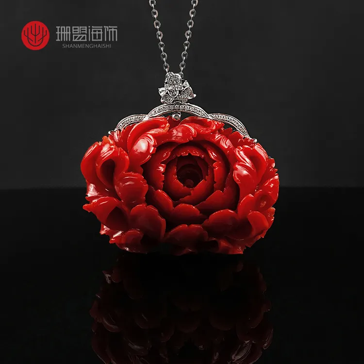 红珊瑚阿卡牡丹花雕刻珊瑚吊坠