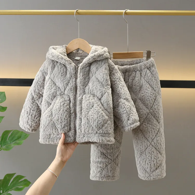 儿童睡衣加厚夹棉拉链家居服套装男女中大童亲子装睡衣带帽黑色