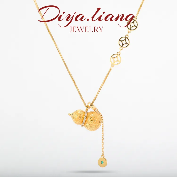 坠链均925银 梁雅帝新品【祥云戗刻】金色柔光纳福葫芦纯银项链