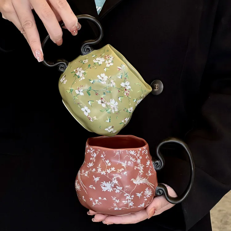 中古田园手作绿色清新小碎花陶瓷杯咖啡杯办公室马克杯小众设计感