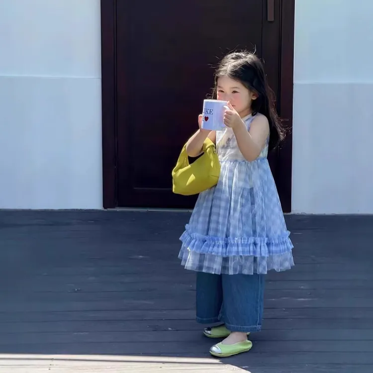 女童2025夏季新款韩版休闲甜美格子背心网纱罩衫裙宽松牛仔裤套装