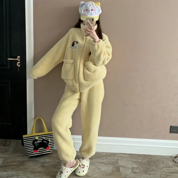 可爱黄色小狗睡衣女冬季高领拉链加厚保暖长毛绒学生珊瑚绒家居服