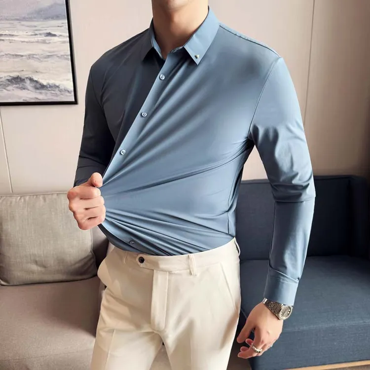 啄木鸟高弹免烫衬衫男士垂顺柔软修身商务休闲衬衣简约质感职业装