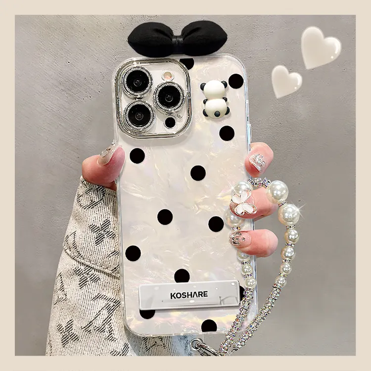 蝴蝶结熊猫适用苹果15promax华为oppo小米iPhone16精孔贝壳手机壳