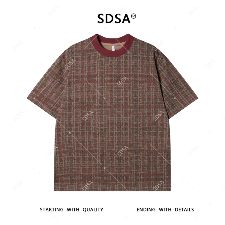 SDSA夏季高级感新款男士撞色经典格纹短袖T恤复古休闲圆领上衣