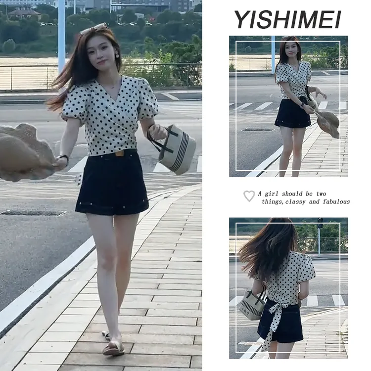 2025年夏季时尚穿搭女款新款爆款气质简约百搭斑点上衣短裤两件套