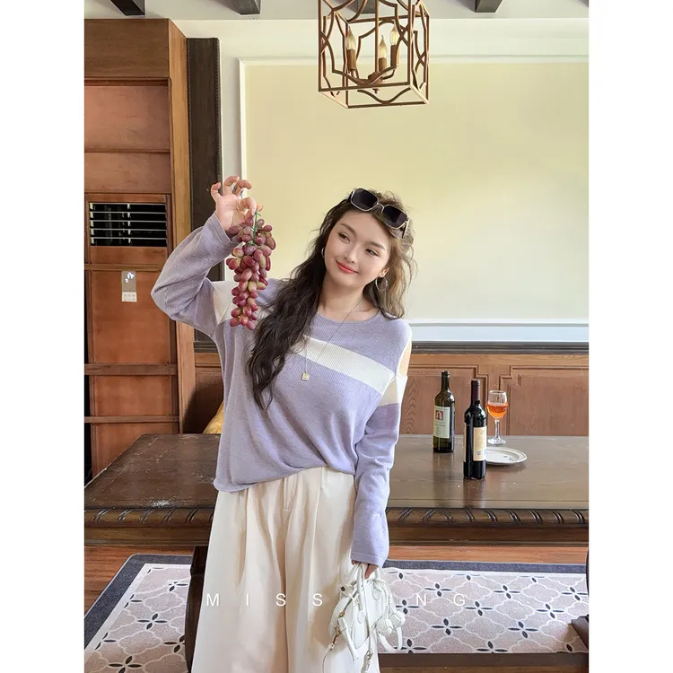 应小姐【赫拉小姐】微胖大码秋款休闲显瘦时尚长袖毛针织衫露肩上衣