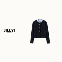 jillyi【夜晚咖啡馆】深蓝色拼接浅蓝花瓣领时尚气质百搭针织衫